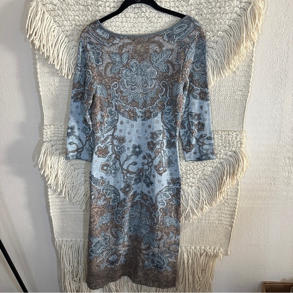 PERUVIAN CONNECTION blue and brown paisley pima cotton midi sweater dress S - Picture 7 of 9